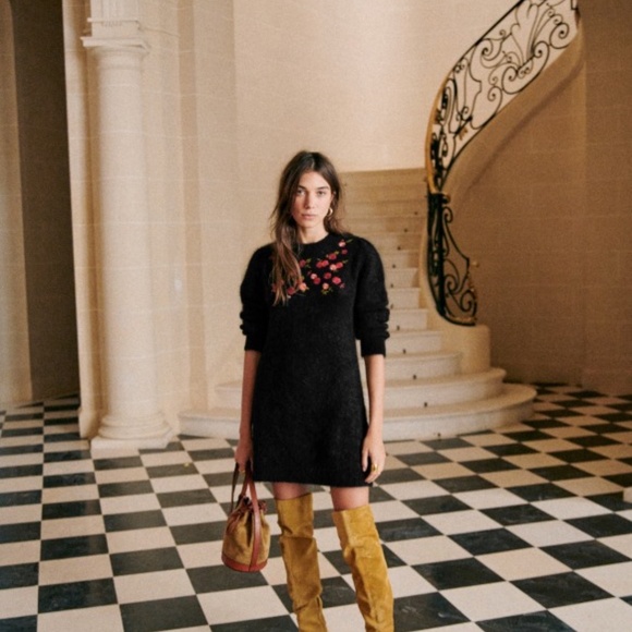 SEZANE Uriel Long Sleeve Dress in Black Multicoloured - Size Small - Picture 13 of 13